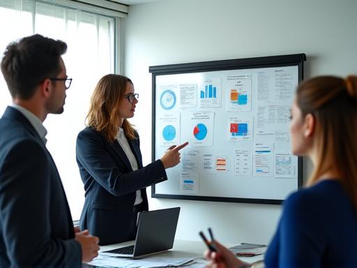 Profesionales analizando datos en una pizarra.